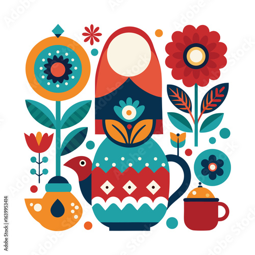 Folk Art Style Matryoshka Doll With Flowers And Teapot nesting doll traditional