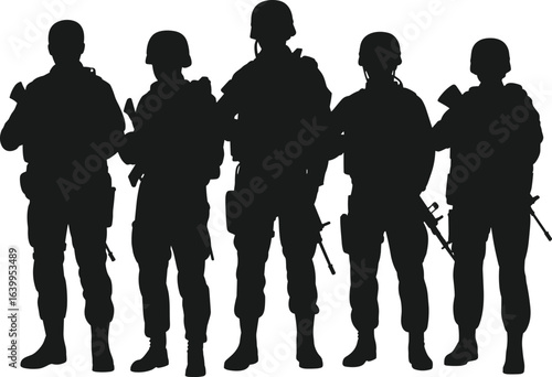 Soldier silhouettes in uniform, military team formation, armed forces illustration, rifle gear, helmeted troops, defense concept, war zone art, tactical vector, combat readiness.