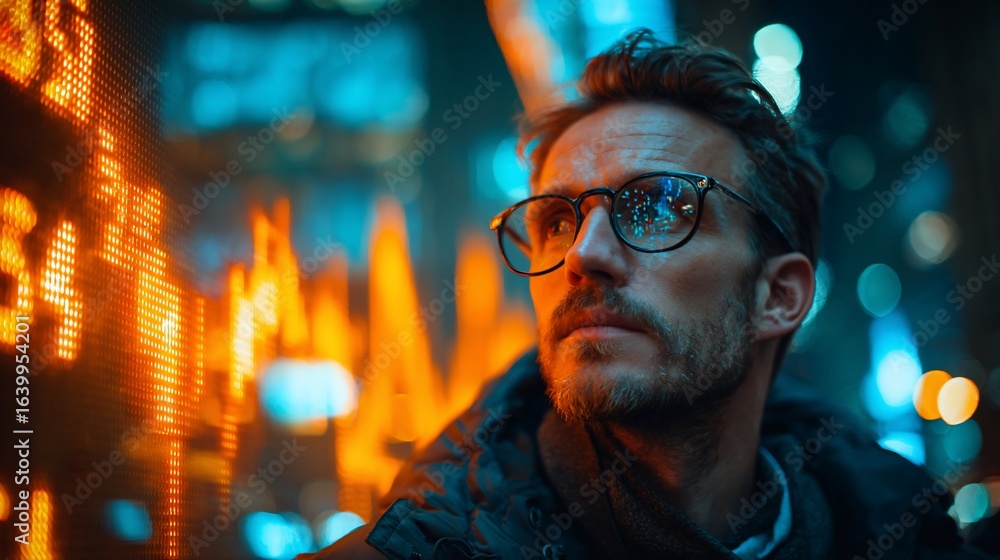Man gazing at digital display in city contemplating, observing data, modern urban scene. Man gazing at digital display in city contemplating, observing data, modern urban scene.