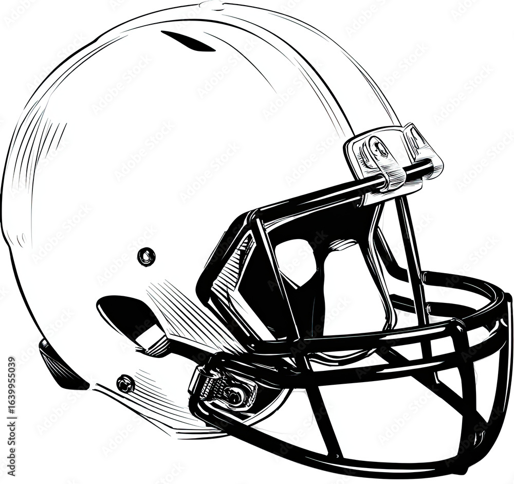 Fototapeta premium Profile view of a football helmet. Detailed illustration of a protective sports helmet, showing the shell, face mask, and other protective features. Clean, simple lines. Monochromatic image