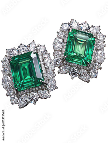 Emerald and diamond stud earrings, close-up.  Two square-cut emerald gemstones, nestled in a halo of smaller diamonds, are showcased against a black background.  Detailed filigree design