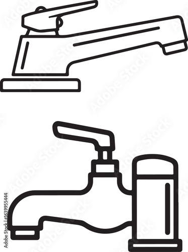 Plumbing Fixtures: Two Faucets in Simple Black and White Line Art Style