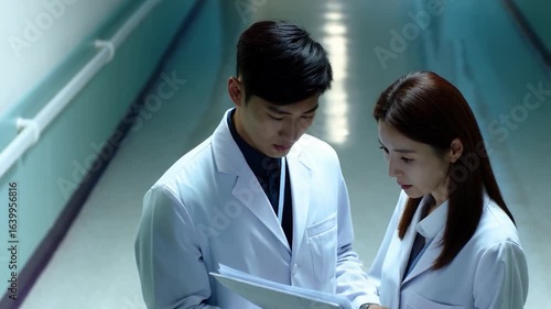 Doctors Reviewing Charts in Hospital Corridor