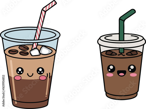 Cute Iced Coffee Characters – Two Smiling Drinks with Straws, Ice Cubes, and Marshmallows