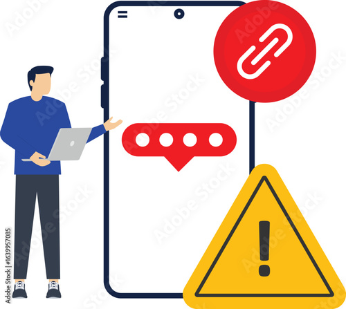 Warning concept in group chats with fake SMS or Messenger links. Warning about the risk of phishing and spam links in group chats. Lightning attack scenario in mobile messaging. Vector illustration.

