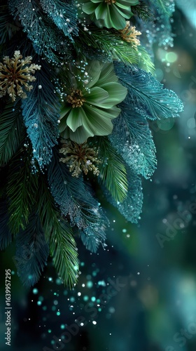 Vibrant green foliage with snowflakes creating a winter wonderland atmosphere in a forest setting