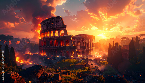 Burning Colosseum with Rome Sunset.