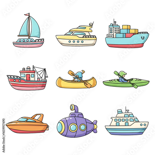 Colorful doodle icon set of various sea and water transport. Hand-drawn illustrations of boats, ships, and a submarine on a white background.
