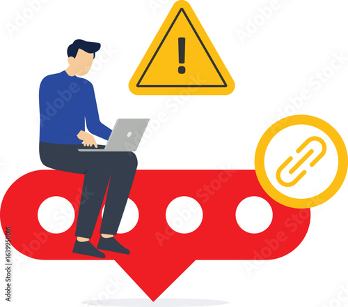 Warning concept in group chats with fake SMS or Messenger links. Warning about the risk of phishing and spam links in group chats. Lightning attack scenario in mobile messaging. Vector illustration.

