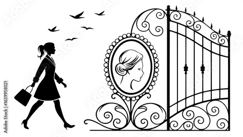 "Minimalist yet ornate horizontal black-and-white silhouette design: left, a framed woman walking in three-quarter view, shoulder-length hair, birds nearby; center, profile cameo in decorative frame; 