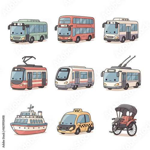Set of adorable kawaii transport icons. Featuring a smiling bus, train, tram, trolleybus, ship, taxi, and rickshaw in a cartoon style.