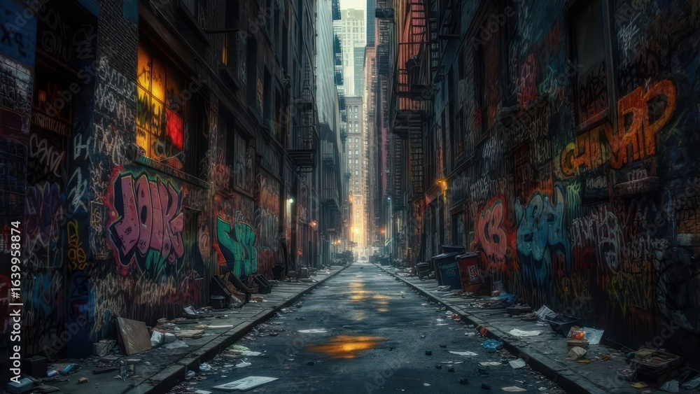 Fototapeta premium Gritty Urban Alleyway Illuminated by Warm Light, Covered in Vibrant Graffiti and Litter