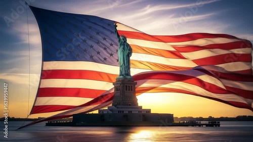 Statue of Liberty Sunset with Dramatic American Flag