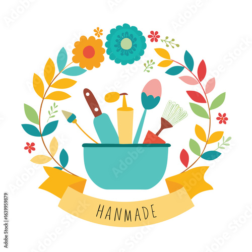 Handmade Crafting Bowl With Tools And Floral Wreath hobby