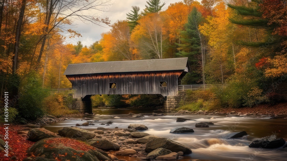Obraz premium Historic Covered Bridge Amidst Fiery Autumn Colors and a Silky River
