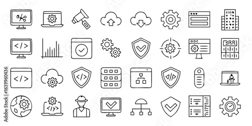 Vector art of collection of development icons representing software programming and web application isolated on white background