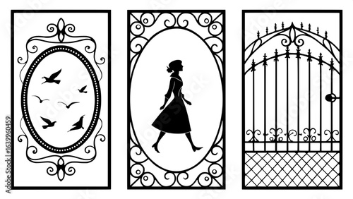 "Three-panel silhouette artwork: framed walking woman in dress with birds, vintage cameo profile within ornate arched frame, and decorative wrought iron gate. Pure black on white, symmetrical layout, 
