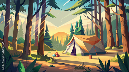 A light colored tent sits in a pine forest as morning sunlight hits it from the side, casting warm glow, creating serene atmosphere, peaceful retreat, calm natural beauty, outdoor charm.