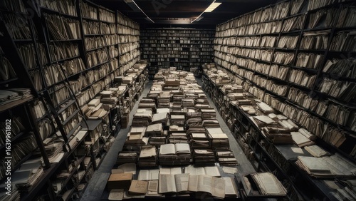 Labyrinth of Knowledge: A Vast, Chaotic Archive Under Dim Lighting