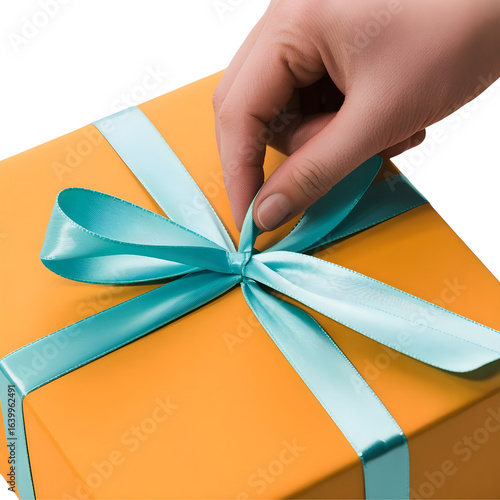Orange gift box with a turquoise ribbon being tied by a hand
