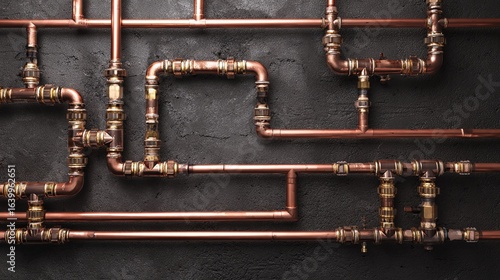 Complex copper pipes and fittings against a dark, textured wall create a network of industrial art. Clean lines and connections.