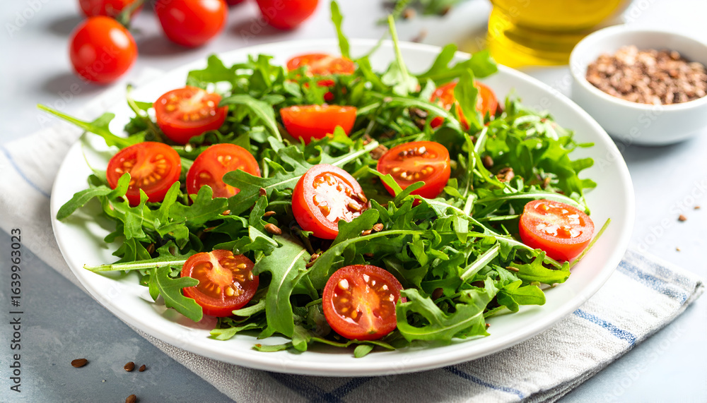 Fresh arugula salad with cherry tomatoes. Fresh arugula salad with cherry tomatoes.