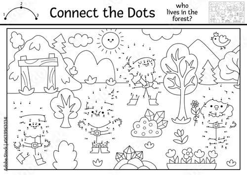 Vector dot-to-dot and color activity with forest scene with gnomes, mine, gems. Connect the dots game with woodland landscape, dwarfs. Printable coloring page for kids. Who lives in woods?