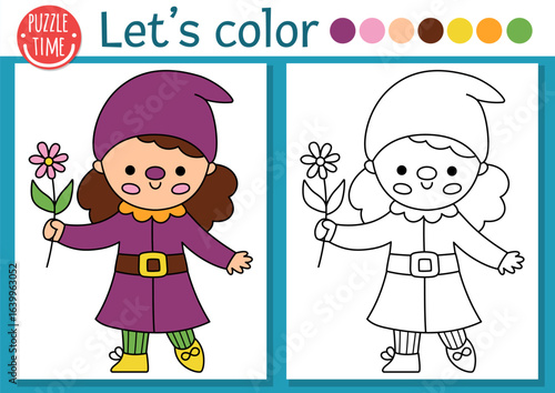 Pre-made coloring page for children with garden girl dwarf. Vector fairytale outline illustration with gnome with flower. Fantasy forest color book for kids with colored example