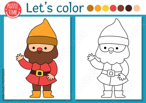 Pre-made coloring page for children with funny dwarf. Vector fairytale outline illustration with gnome. Fantasy forest color book for kids with colored example. Drawing skills printable worksheet