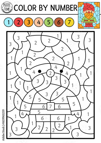 Vector color by number activity with dwarf. Simple fairytale scene with gnome. Magic forest black and white counting game. Fantasy woodland coloring page for kids with leprechaun