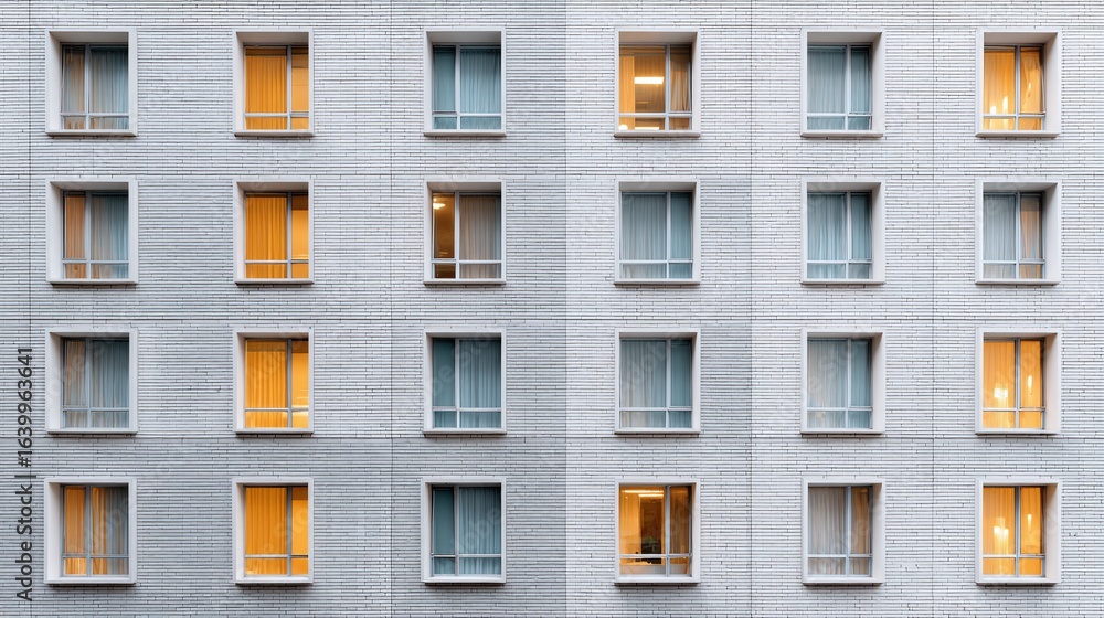 Fototapeta premium Facade of a building with a series of windows, some illuminated from within, creating a grid-like pattern on a light-colored brick wall.