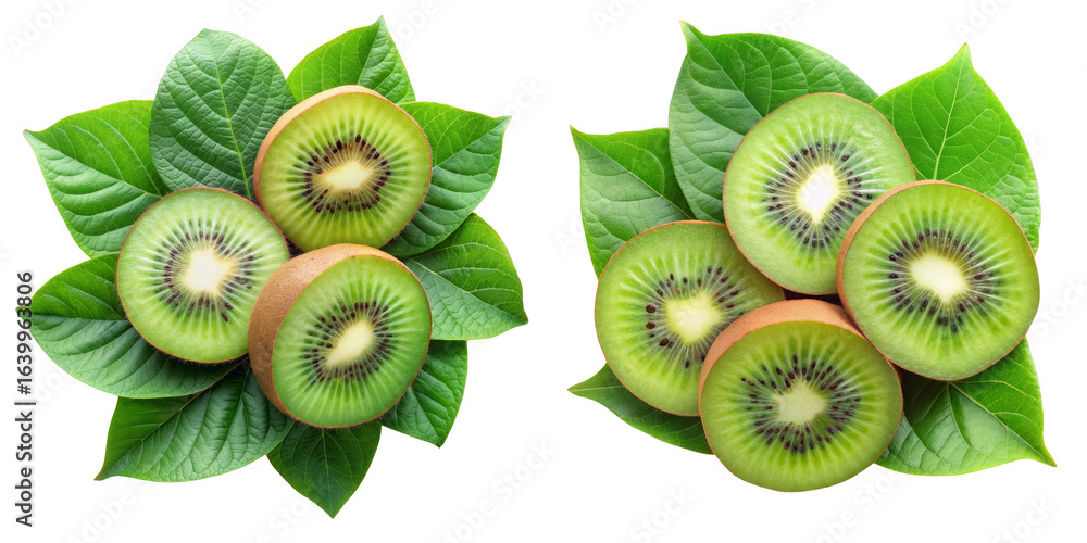 Fototapeta premium Two Kiwi Fruit Compositions with Green Leaves, Isolated on Transparent Background, High-Resolution Image, kiwi, fruit, leaves