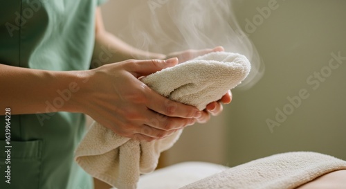 A persons hands hold a steaming white towel The person wears a green uniform A bed and wall are in the background