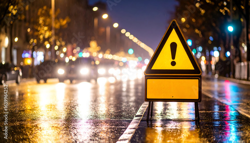 Fototapeta Naklejka Na Ścianę i Meble -  Night road warning sign with city rain.