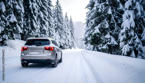 SUV on snowy mountain road.