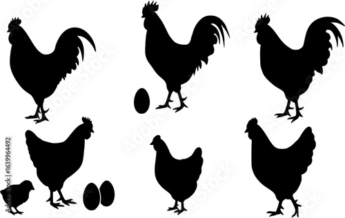 Chicken,rooster,Chicks,eggs, black silhouette.

