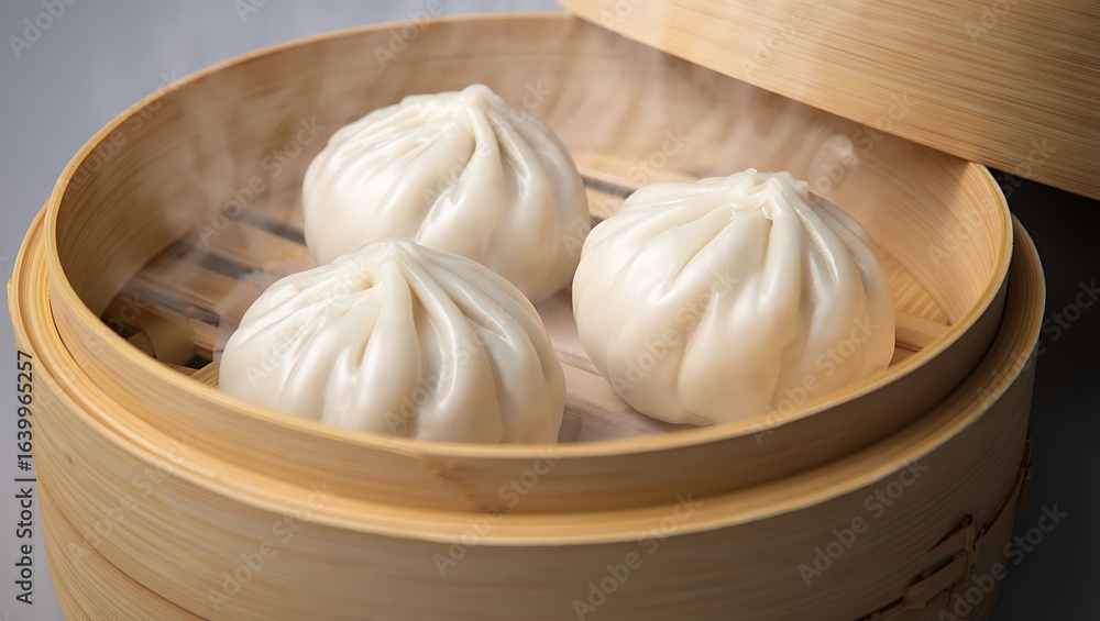 Fototapeta premium Steaming White Bao Buns in Bamboo Steamer steamed buns