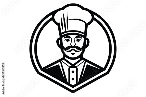 Chef Portrait Illustration, Outline Style, Culinary Professional, Icon Design, White Background