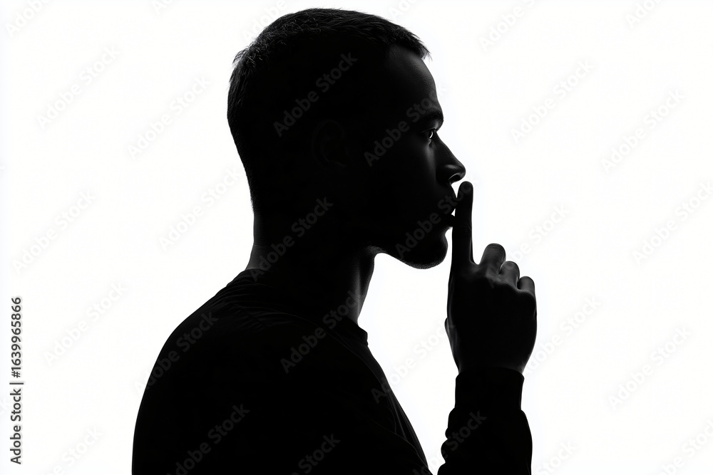 Fototapeta premium Silhouette of a man signaling shhh with his finger, emphasizing secrecy and quietness. The strong contrast silhouette makes the picture more powerful