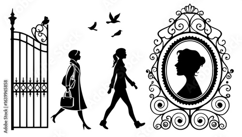 "Classic black-and-white composition of three silhouettes in a row: framed woman walking with birds, cameo profile of a woman in ornate frame, and decorative wrought iron gate. Minimal yet ornate, vin
