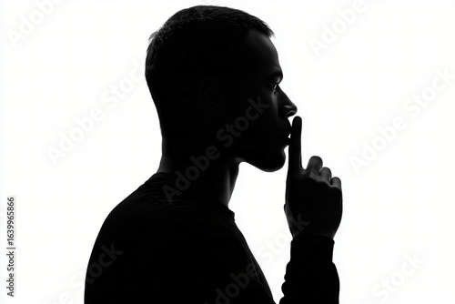 Silhouette of a man signaling shhh with his finger, emphasizing secrecy and quietness. The strong contrast silhouette makes the picture more powerful