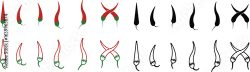 Chili pepper icon set, capsicum collection hot spice vector group, jalapeno silhouette and outline, cayenne symbol bundle, vegetable pictogram pack in flat and line style for seasoning design isolated