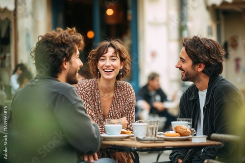 Friends enjoying coffee together at outdoor café, laughing and talking in relaxed social atmosphere, urban lifestyle and friendship concept

