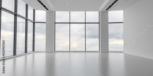 Vast empty room, large window reveals overcast sky, empty, interior