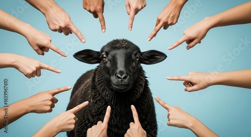 A single black sheep stands surrounded as many hands point directly at the animal, isolated.