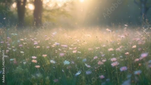 Misty field of wildflowers at sunrise