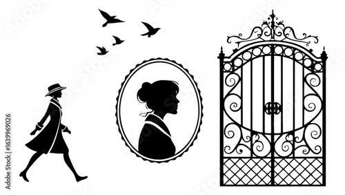 "Horizontal black-and-white graphic illustration of three matching silhouettes: left, a framed walking woman with birds overhead; center, a profile portrait of a woman in an oval decorative frame; rig
