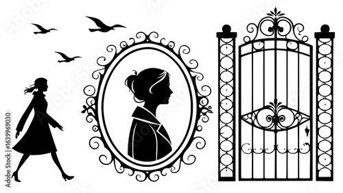 "Horizontal black-and-white graphic illustration of three matching silhouettes: left, a framed walking woman with birds overhead; center, a profile portrait of a woman in an oval decorative frame; rig