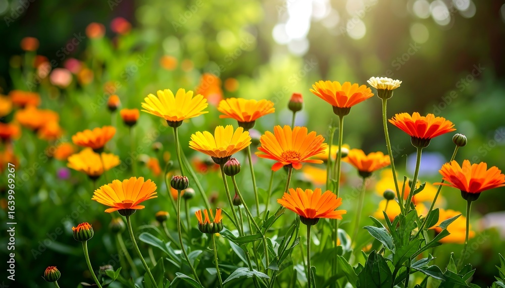 Fototapeta premium Vibrant orange and yellow flowers in garden