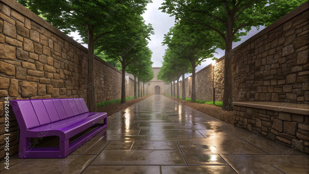 Fototapeta premium Purple bench on wet stone path in park pathway